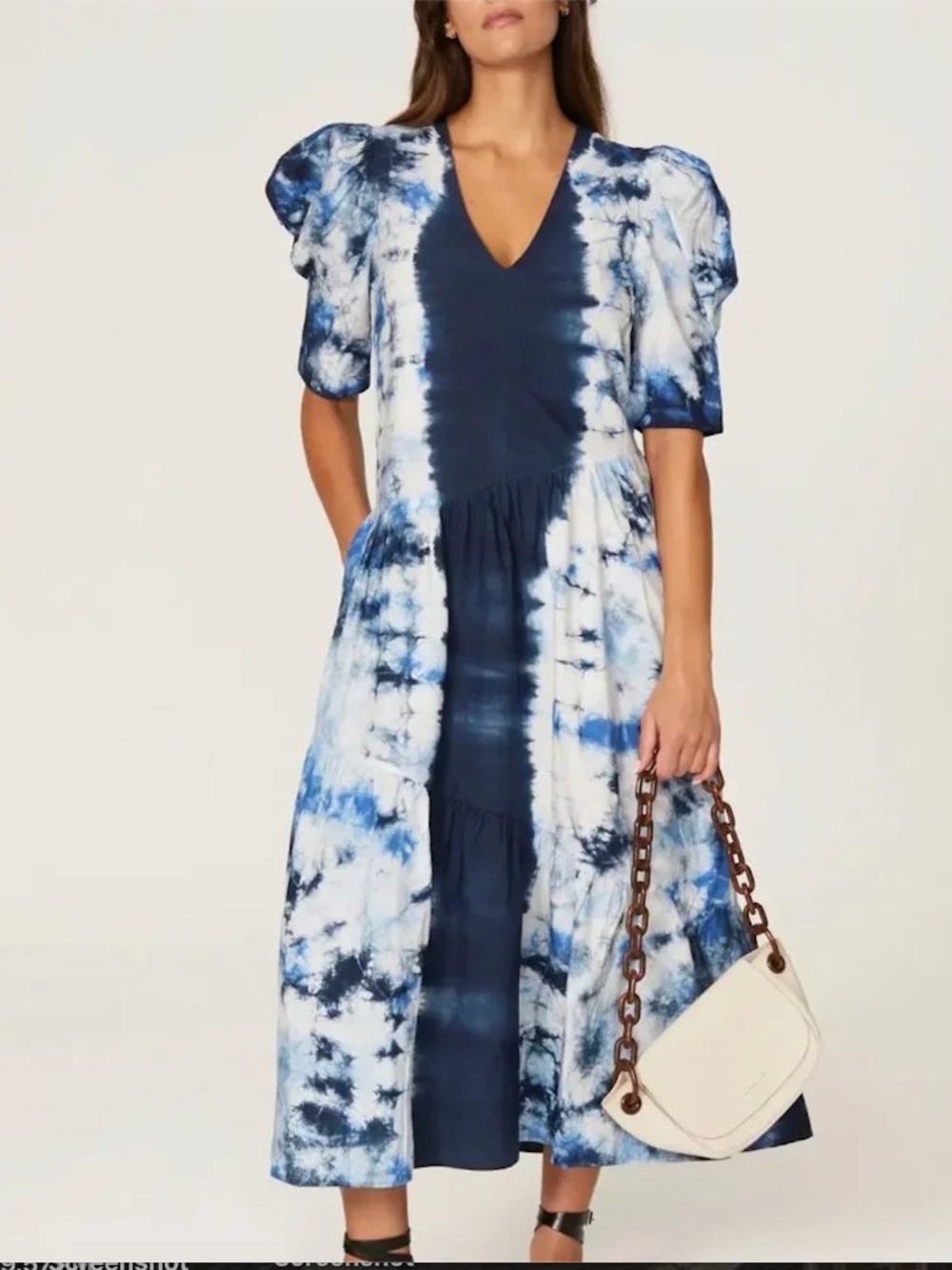 $375 SEA New York Celestial Tie-Dye V-Neck Midi Dress w/ Tiered Skirt EUC/sz XS